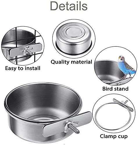 Bird Feeding Dish Cups, Parrot Food Bowl Clamp Holder Stainless Steel Coop Cup Bird Cage Water Bowl 2 Pack Bird Perch Platform Stand