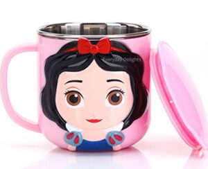 everyday delights 3d princess snow white pink durable stainless steel insulated cup with lid, 250ml