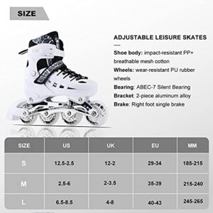 CLEBAO 4 Size Adjustable Inline Skates for Kids and Adults Flash Men and Women Inline Roller Skates Beginners Boys and Girls Blades Pu Mesh White