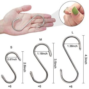 18 Pack S Shaped Hooks, Heavy Duty Stainless Steel S Hooks, Hangers Hanging Hooks for Hanging Pots and Pans,Towels,Clothes,Plants in Home Kitchen Bathroom Bedroom Garden, (2.8",3.5",4.3",Each 6 Pack)