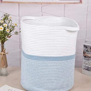 M Size Blue White Laundry Basket with Handles Toy Basket Clothes Hamper Home Decor Basket Towel Storage Woven Blanket Basket Cotton Rope Decorative Blanket Basket,Environmental Protection Material