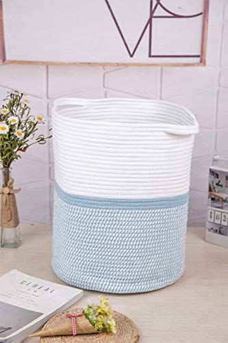 M Size Blue White Laundry Basket with Handles Toy Basket Clothes Hamper Home Decor Basket Towel Storage Woven Blanket Basket Cotton Rope Decorative Blanket Basket,Environmental Protection Material