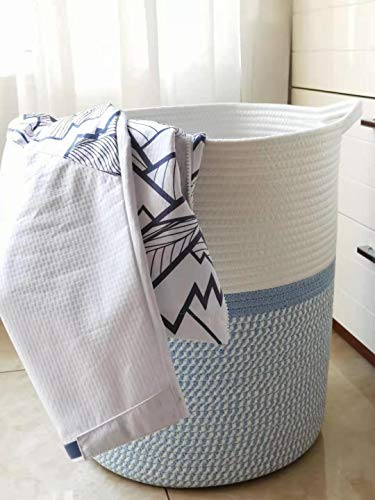 M Size Blue White Laundry Basket with Handles Toy Basket Clothes Hamper Home Decor Basket Towel Storage Woven Blanket Basket Cotton Rope Decorative Blanket Basket,Environmental Protection Material