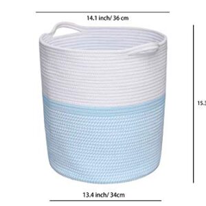 M Size Blue White Laundry Basket with Handles Toy Basket Clothes Hamper Home Decor Basket Towel Storage Woven Blanket Basket Cotton Rope Decorative Blanket Basket,Environmental Protection Material