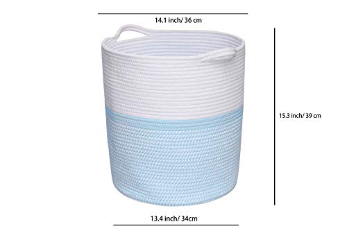 M Size Blue White Laundry Basket with Handles Toy Basket Clothes Hamper Home Decor Basket Towel Storage Woven Blanket Basket Cotton Rope Decorative Blanket Basket,Environmental Protection Material