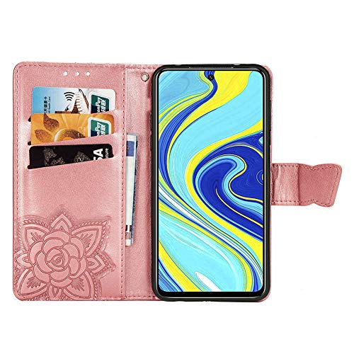 MRSTERUS Leather Case Redmi Note 9S Case Embossed Butterfly Premium PU Leather Folio Magnetic Stand Shockproof Wallet Case Cover with Card Slots for Redmi Note 9 Pro Butterfly Rose Gold SDB