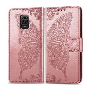 MRSTERUS Leather Case Redmi Note 9S Case Embossed Butterfly Premium PU Leather Folio Magnetic Stand Shockproof Wallet Case Cover with Card Slots for Redmi Note 9 Pro Butterfly Rose Gold SDB