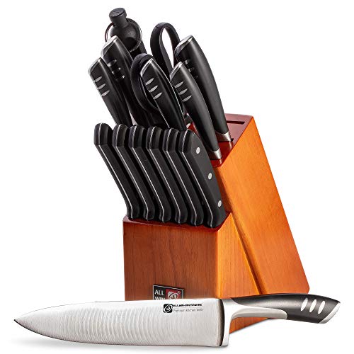 Premium 15-Piece German High Carbon Stainless Steel Kitchen Knives Set with Rubber Wood Block, Professional Double Forged Full Tang Chef Knife Set