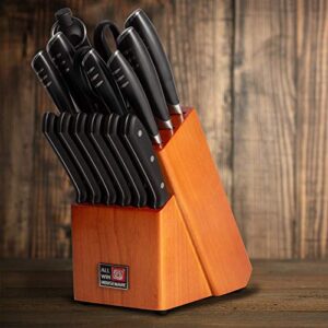 Premium 15-Piece German High Carbon Stainless Steel Kitchen Knives Set with Rubber Wood Block, Professional Double Forged Full Tang Chef Knife Set