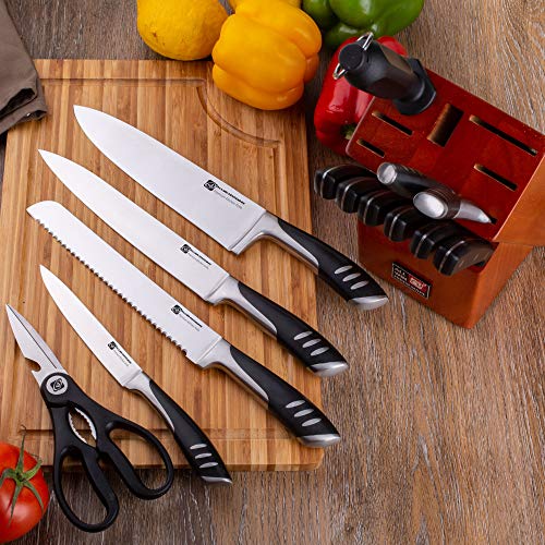 Premium 15-Piece German High Carbon Stainless Steel Kitchen Knives Set with Rubber Wood Block, Professional Double Forged Full Tang Chef Knife Set