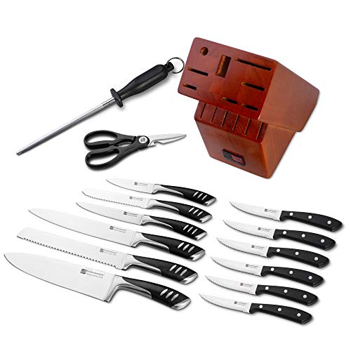 Premium 15-Piece German High Carbon Stainless Steel Kitchen Knives Set with Rubber Wood Block, Professional Double Forged Full Tang Chef Knife Set