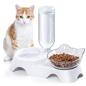 milifun double dog cat bowls pets water and food bowl set, cat bowls food and water with automatic waterer bottle for small or medium size dogs cats (white)