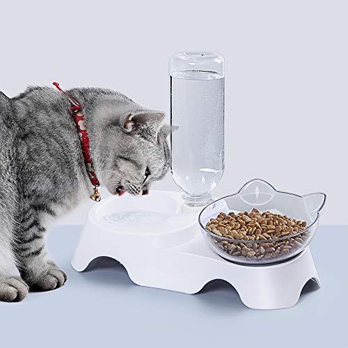 MILIFUN Double Dog Cat Bowls Pets Water and Food Bowl Set, Cat Bowls Food and Water with Automatic Waterer Bottle for Small or Medium Size Dogs Cats (White)