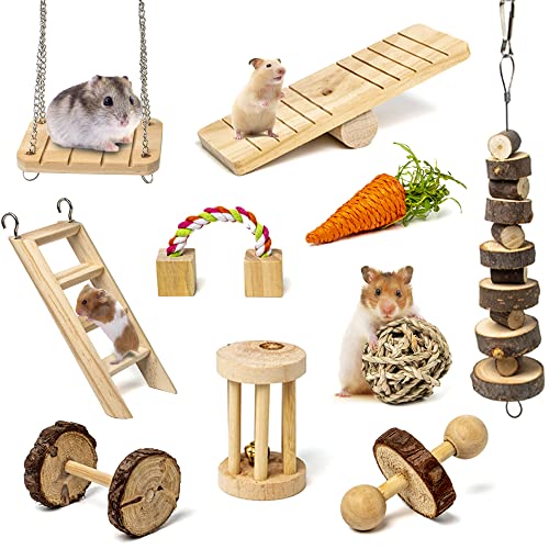 Sofier Hamster Chew Toys Set Natural Wooden Hamster Toys and Accessories for Cage Guinea Pig Chew Toys for Teeth Small Animal Toys Syrian Hamster Rats Chinchillas Gerbils Hamster Swing Seesaw