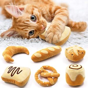 bread catnip toys kitten interactive toys for cat lover gifts kitty chew bite kick toys supplies baguette croissant pretzel toast bun cinnamon roll plush catmint pet presents set of 6