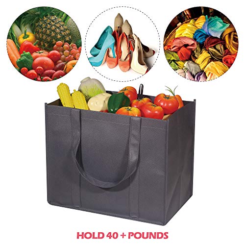 10 Pack Reusable Grocery Bags Extra Large Super Strong Heavy Duty Shopping Tote Bags with Reinforced Handles, Grey