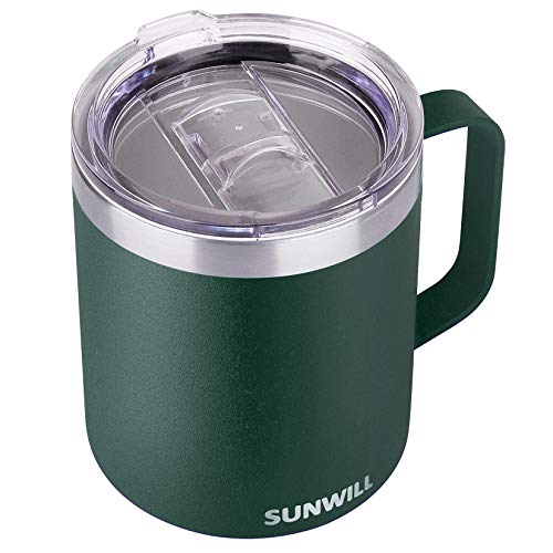 SUNWILL Coffee Mug with Handle, 14oz Insulated Stainless Steel Reusable Coffee Cup, Double Wall Coffee Travel Mug, Powder Coated Forest Green