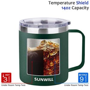 SUNWILL Coffee Mug with Handle, 14oz Insulated Stainless Steel Reusable Coffee Cup, Double Wall Coffee Travel Mug, Powder Coated Forest Green