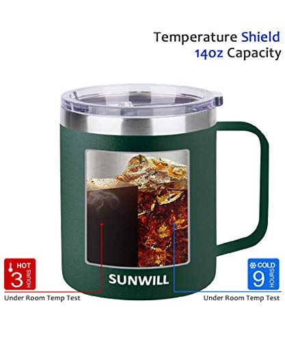 SUNWILL Coffee Mug with Handle, 14oz Insulated Stainless Steel Reusable Coffee Cup, Double Wall Coffee Travel Mug, Powder Coated Forest Green