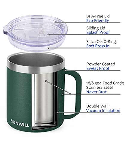 SUNWILL Coffee Mug with Handle, 14oz Insulated Stainless Steel Reusable Coffee Cup, Double Wall Coffee Travel Mug, Powder Coated Forest Green