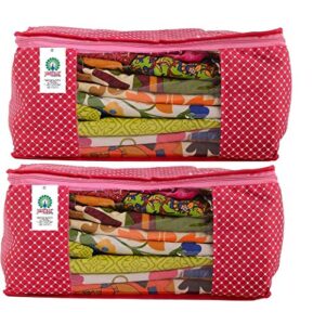 jaipurcrafts quilted polka dots cotton saree cover set/saree storage bag, pink (40 x 30 x 20 cm)-pack of 2
