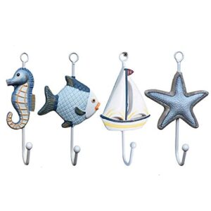 kyien set of 4 beach themed wall hooks decorative starfish sailboat fish seahorse hangers for coat towel clothes