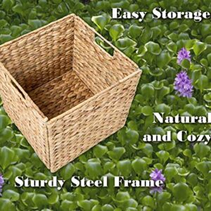 4 Decorative Hand-Woven Small Water Hyacinth Wicker Storage Basket, 13x11x11 Perfect for Shelving Units