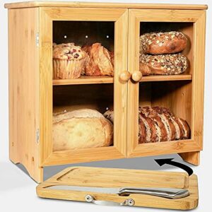luvurkitchen large bread box for kitchen countertop, cutting board, and stainless steel bread knife. fully adjustable shelf; bread storage container, wooden bread box, bread container, bread box large