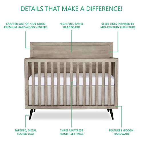 Evolur Stilnovo Mid Century 4-in-1 Convertible Crib in Windsor Oak Grey, Greenguard Gold Certified , 56x30.25x47 Inch (Pack of 1)