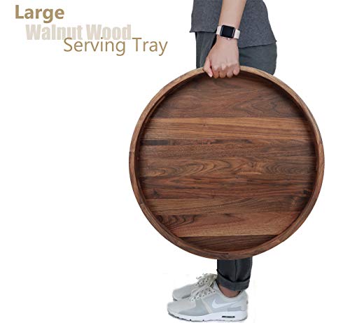 MAGIGO 20 Inches Extra Large Round Black Walnut Wood Ottoman Tray with Handles, Serve Tea, Coffee or Breakfast in Bed, Classic Circular Wooden Decorative Serving Tray