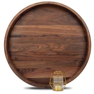 magigo 20 inches extra large round black walnut wood ottoman tray with handles, serve tea, coffee or breakfast in bed, classic circular wooden decorative serving tray