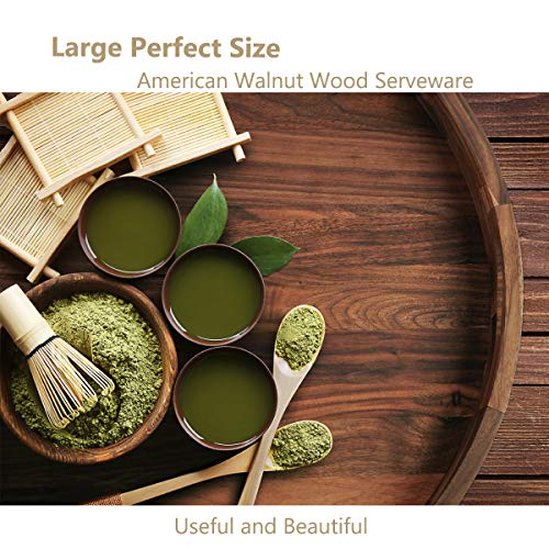 MAGIGO 20 Inches Extra Large Round Black Walnut Wood Ottoman Tray with Handles, Serve Tea, Coffee or Breakfast in Bed, Classic Circular Wooden Decorative Serving Tray