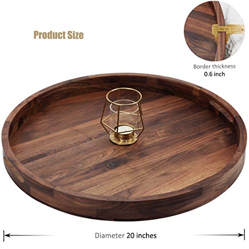 MAGIGO 20 Inches Extra Large Round Black Walnut Wood Ottoman Tray with Handles, Serve Tea, Coffee or Breakfast in Bed, Classic Circular Wooden Decorative Serving Tray