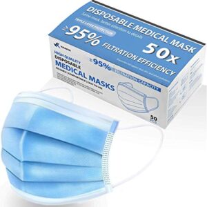 voxkin blue disposable medical face masks pack of 50 - lab tested, 3 ply protection - effective filtration, breathable facial masks with earloop, mouth & nose protection dust safety masks