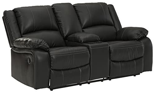 Signature Design by Ashley Calderwell Faux Leather Manual Double Reclining Loveseat with Storage Console, Black