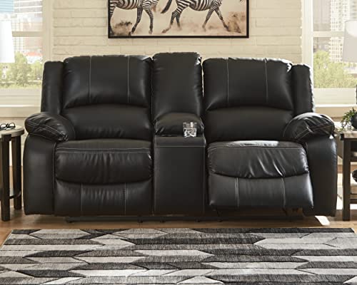 Signature Design by Ashley Calderwell Faux Leather Manual Double Reclining Loveseat with Storage Console, Black