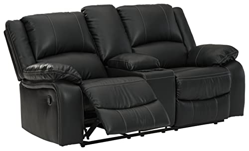 Signature Design by Ashley Calderwell Faux Leather Manual Double Reclining Loveseat with Storage Console, Black