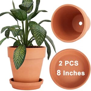 vensovo 8 inch clay pot for plant with saucer - 2 pack large terra cotta plant pot with drainage hole, clay planters pot, terracotta pot for indoor outdoor plant