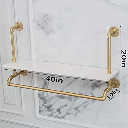 Tianman 40",Gold,White,Industrial Detachable Wall-Mounted Black Iron Wooden Garment Bar,Heavy Duty Pipe Clothing Rack,Pipe Clothes Rack, Multi-Purpose Hanging Rod for Closet Storage