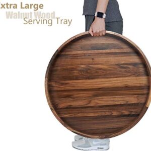 MAGIGO 24 Inches Extra Large Round Black Walnut Wood Ottoman Tray with Handles, Serve Tea, Coffee or Breakfast in Bed, Classic Circular Wooden Decorative Serving Tray