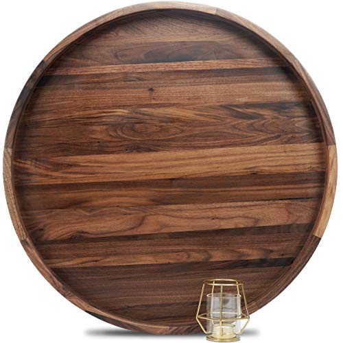 MAGIGO 24 Inches Extra Large Round Black Walnut Wood Ottoman Tray with Handles, Serve Tea, Coffee or Breakfast in Bed, Classic Circular Wooden Decorative Serving Tray