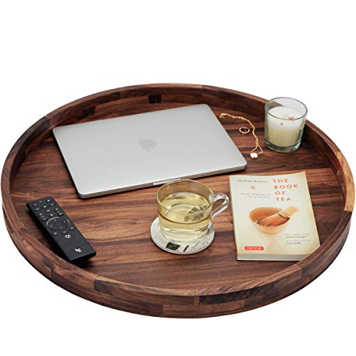 MAGIGO 24 Inches Extra Large Round Black Walnut Wood Ottoman Tray with Handles, Serve Tea, Coffee or Breakfast in Bed, Classic Circular Wooden Decorative Serving Tray