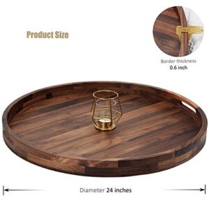 MAGIGO 24 Inches Extra Large Round Black Walnut Wood Ottoman Tray with Handles, Serve Tea, Coffee or Breakfast in Bed, Classic Circular Wooden Decorative Serving Tray