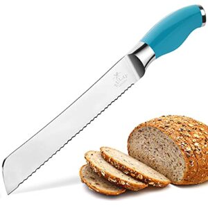 zulay serrated bread knife 8 inch - ultra-sharp & durable blade for easy slicing - lightweight 304 stainless steel one piece design with tip safety guard - cut & slice bread, vegetables & more (blue)