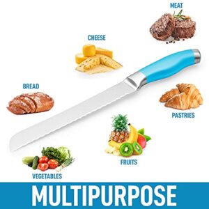 Zulay Serrated Bread Knife 8 inch - Ultra-Sharp & Durable Blade For Easy Slicing - Lightweight 304 Stainless Steel One Piece Design with Tip Safety Guard - Cut & Slice Bread, Vegetables & More (Blue)