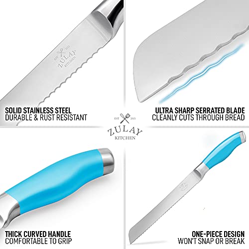 Zulay Serrated Bread Knife 8 inch - Ultra-Sharp & Durable Blade For Easy Slicing - Lightweight 304 Stainless Steel One Piece Design with Tip Safety Guard - Cut & Slice Bread, Vegetables & More (Blue)