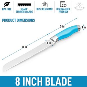 Zulay Serrated Bread Knife 8 inch - Ultra-Sharp & Durable Blade For Easy Slicing - Lightweight 304 Stainless Steel One Piece Design with Tip Safety Guard - Cut & Slice Bread, Vegetables & More (Blue)