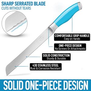 Zulay Serrated Bread Knife 8 inch - Ultra-Sharp & Durable Blade For Easy Slicing - Lightweight 304 Stainless Steel One Piece Design with Tip Safety Guard - Cut & Slice Bread, Vegetables & More (Blue)