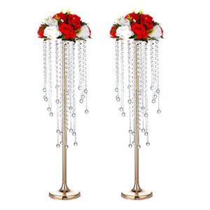 29.5in gold wedding centerpieces for table, 2pcs tall vases wedding centerpieces with sparkling crystal beads, metal flower stand for wedding reception birthday party events home decor