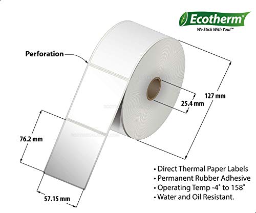 Ecotherm 2.25x3 Thermal Labels - 840 Paper Stickers Per Roll - 6 Rolls - fits Zebra LP2824, LP2844, GC420, GK420, GX430, ZD220, ZD410, ZD420, ZD500, ZD620, ZP-500, GT800 Direct Thermal Printers